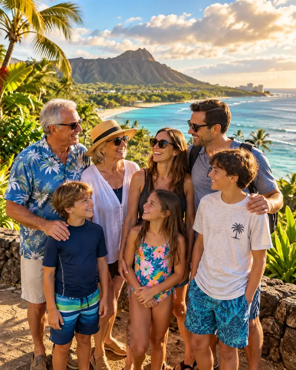 Multigenerational family enjoying a Hawaii vacation together overlooking turquoise ocean water, tropical greenery, sandy beaches, and a dramatic island coastline
