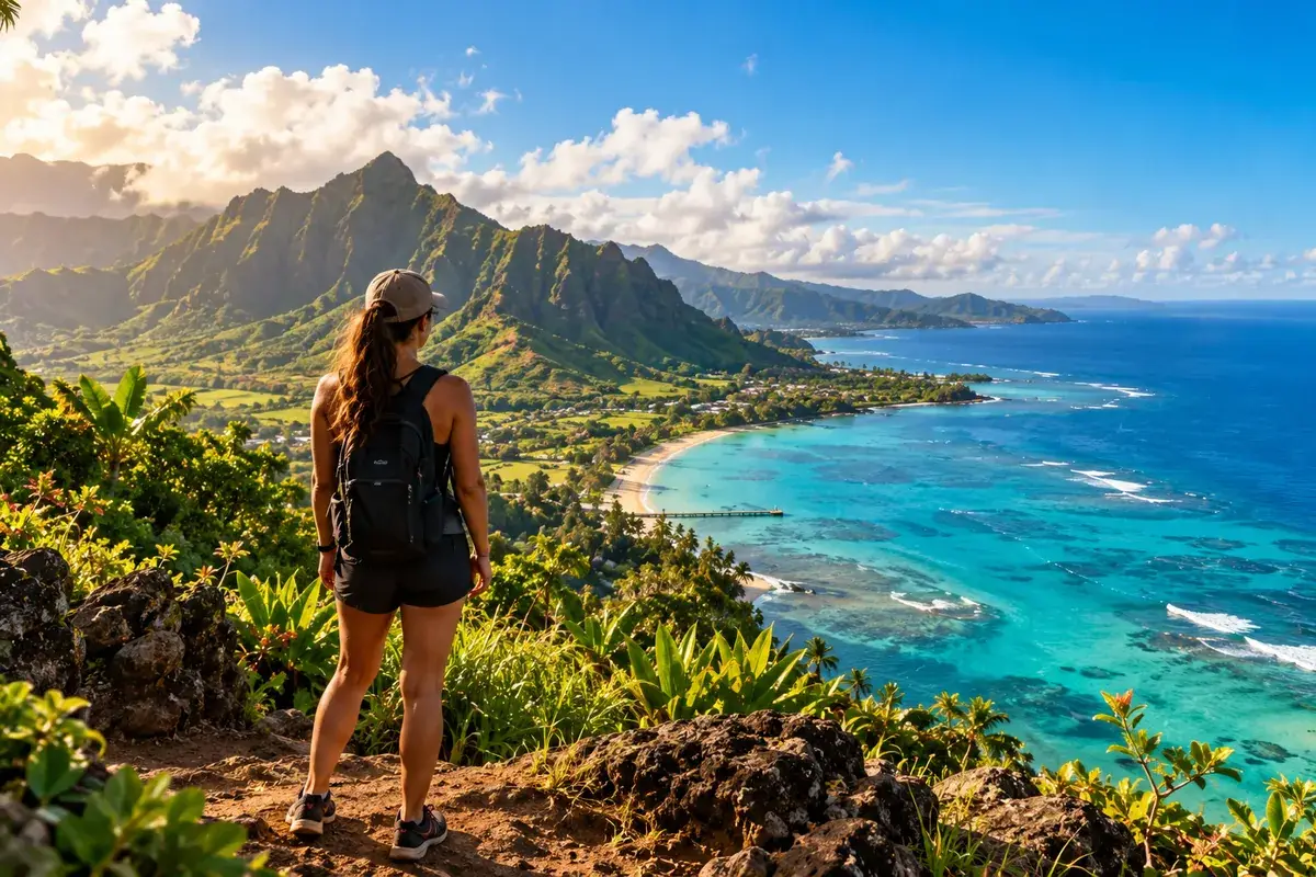 Traveler overlooking a dramatic Hawaiian coastline with lush green mountains, turquoise ocean water, tropical vegetation, and a sandy beach below