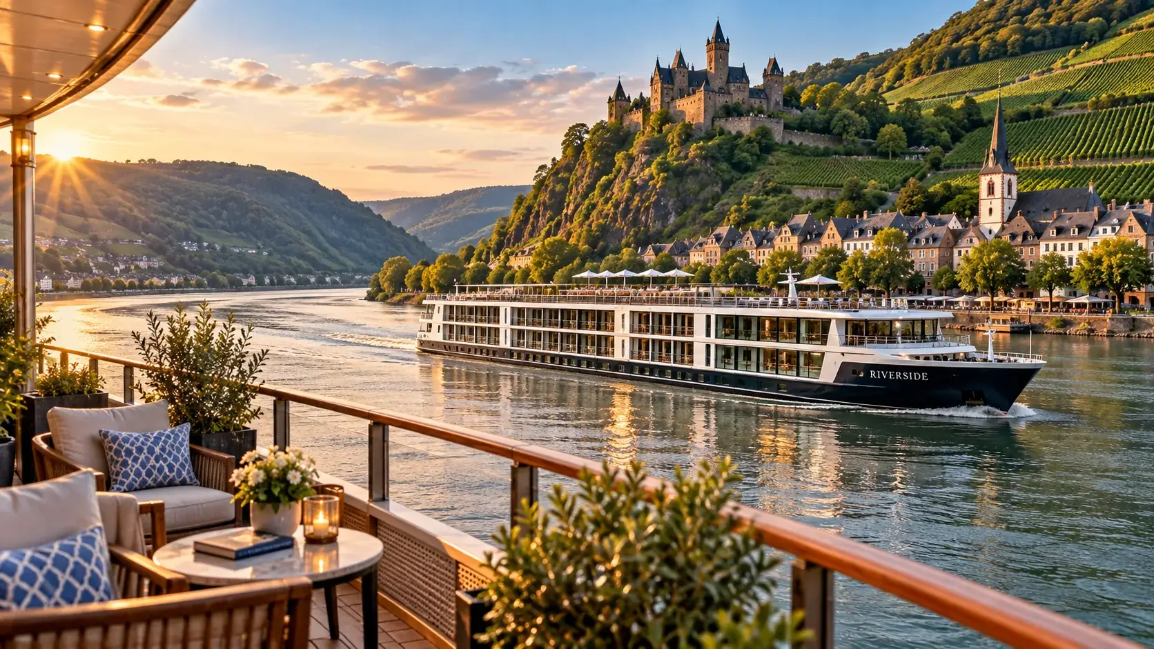 Elegant small luxury ship traveling through a scenic European river destination with historic architecture and dramatic surrounding landscape