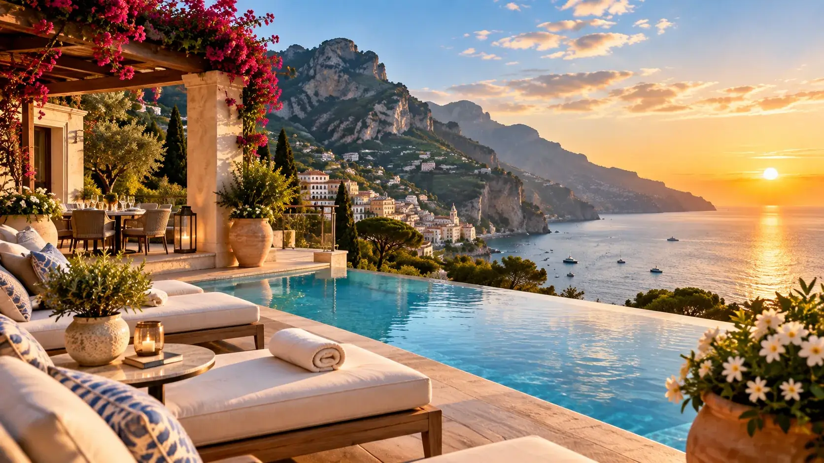 Elegant luxury resort terrace with refined outdoor dining and architecture overlooking a dramatic coastal destination