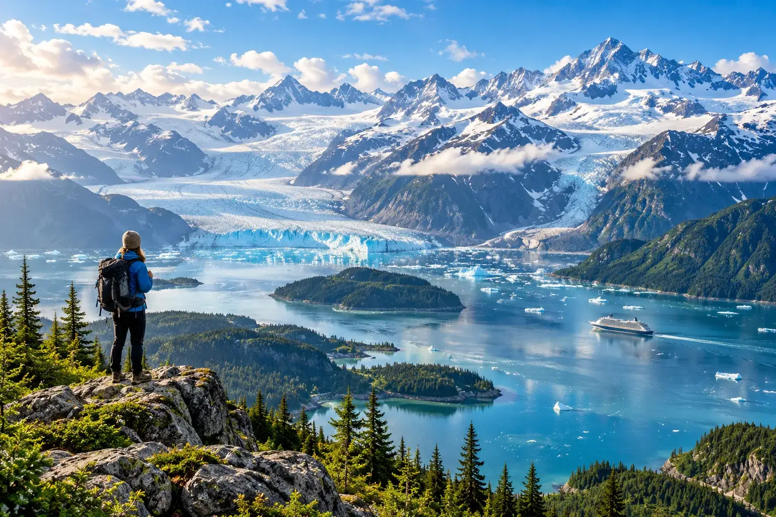 Sweeping Alaska landscape with glaciers, mountains, turquoise water, and dramatic wilderness scenery