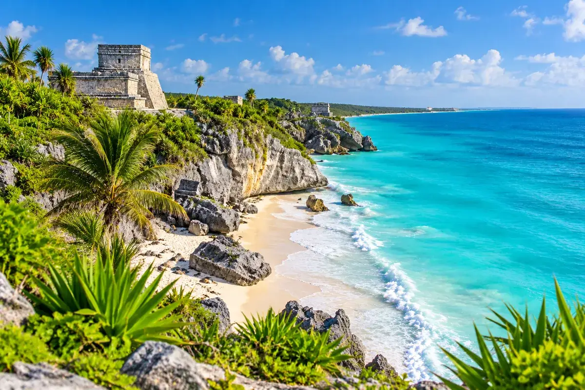 Ancient Mayan ruins overlooking a turquoise Caribbean coastline surrounded by lush tropical vegetation in Mexico