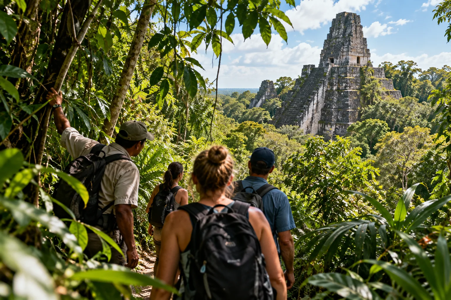 Travelers exploring a lush Central American rainforest landscape with dramatic tropical scenery