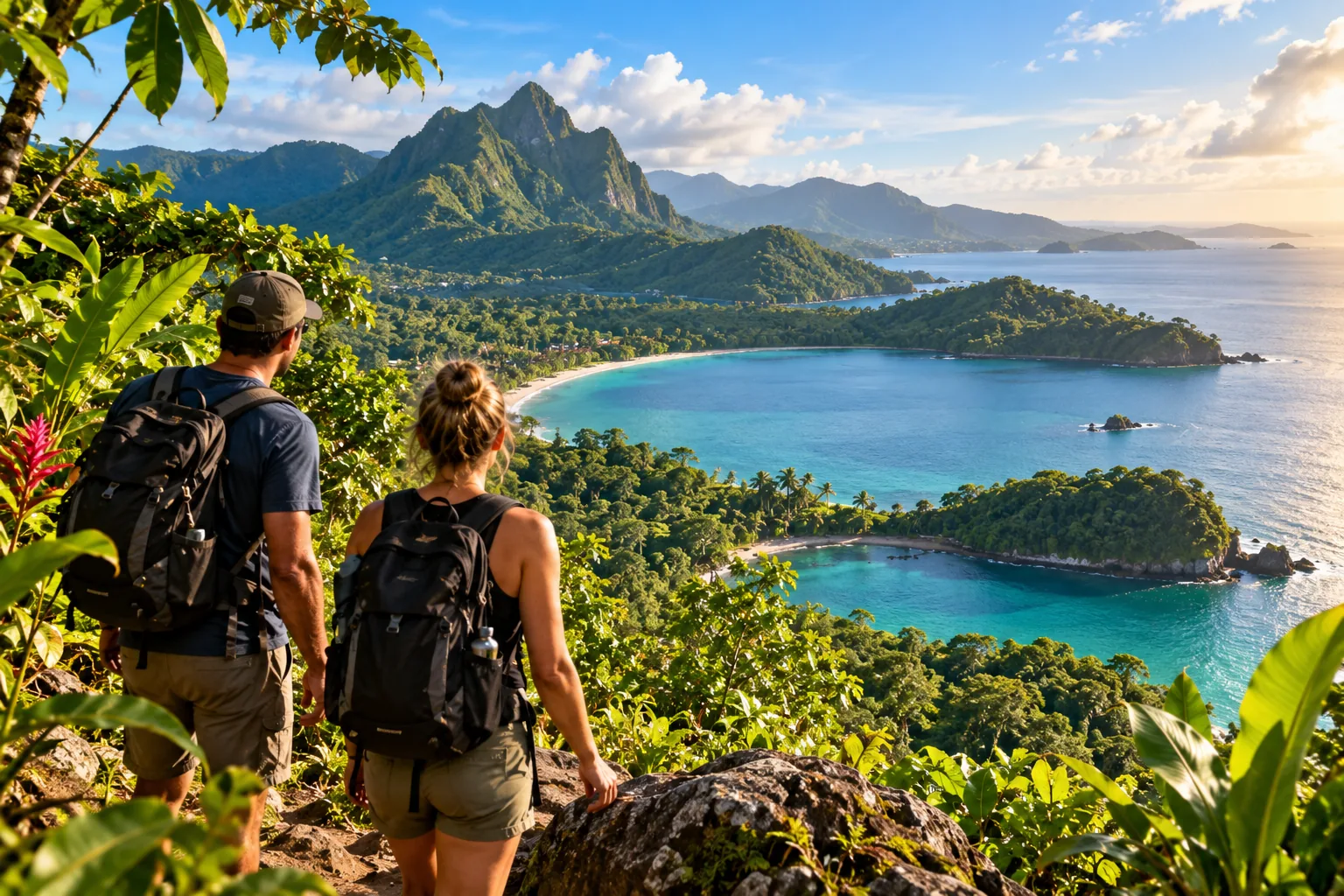 Travelers exploring a lush tropical landscape with mountains, rainforest, and water in Mexico or Central America