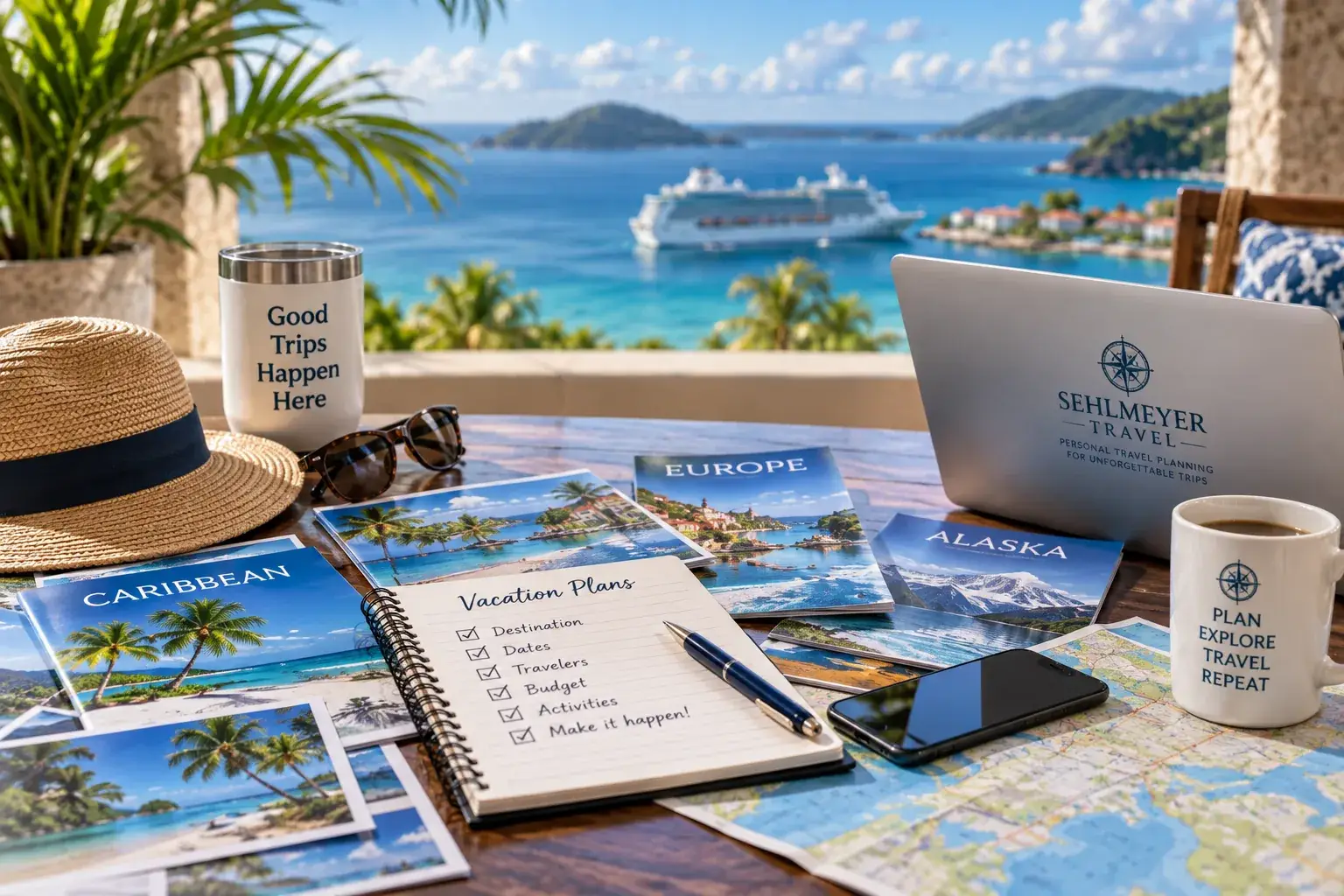 Travelers planning a vacation together with maps, laptop, destination ideas, notes, and trip details arranged in an organized travel planning setting