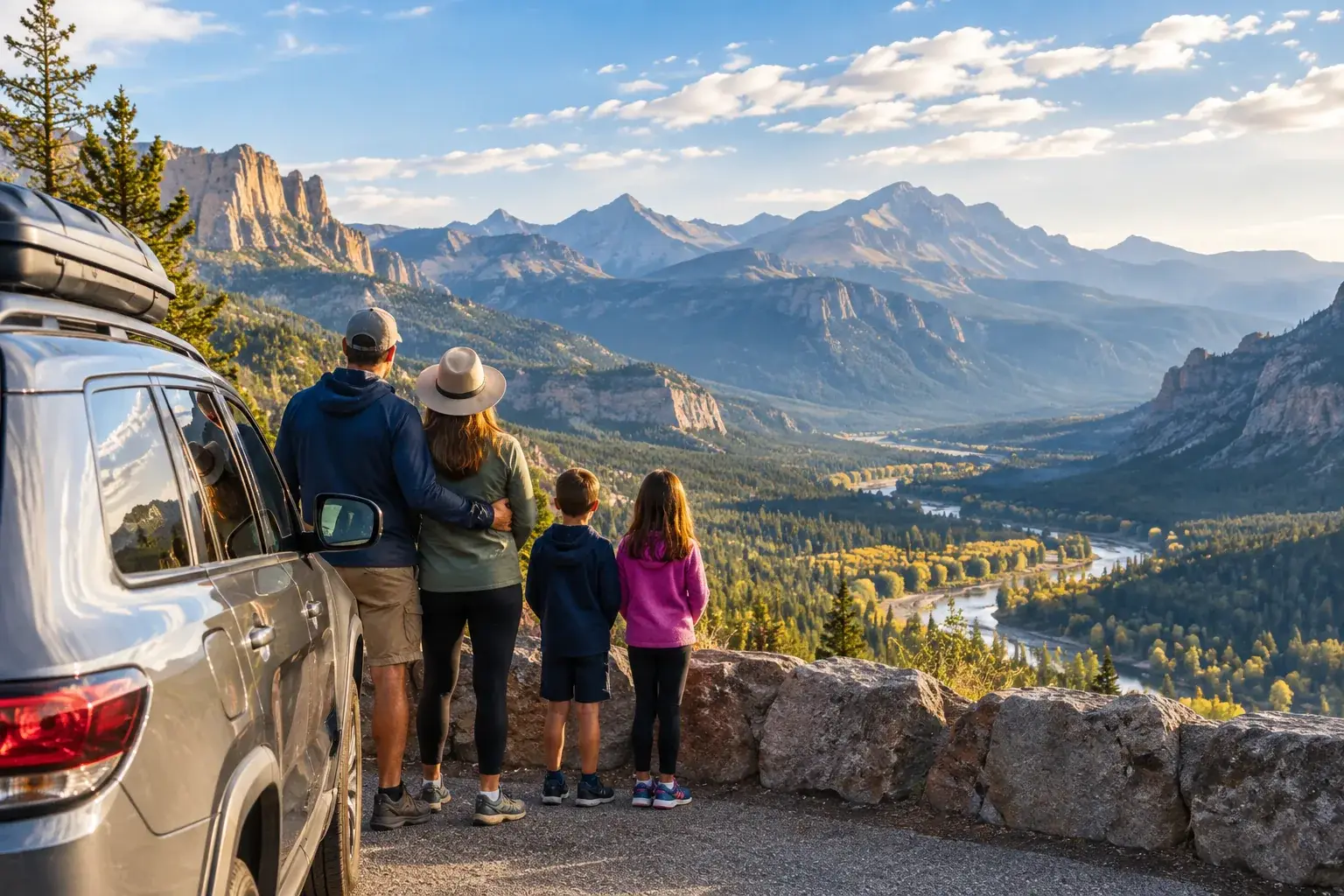 Travelers overlooking a dramatic American landscape during a scenic United States road trip